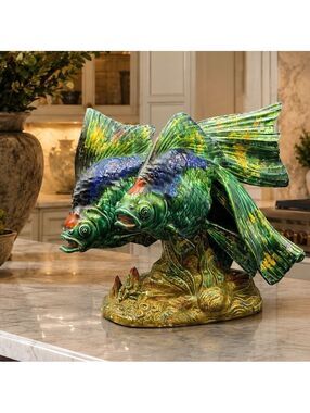 Large Vtg Emile Rouff Art Deco Two Fish Glazed Terracotta Sculpture Signed 12"